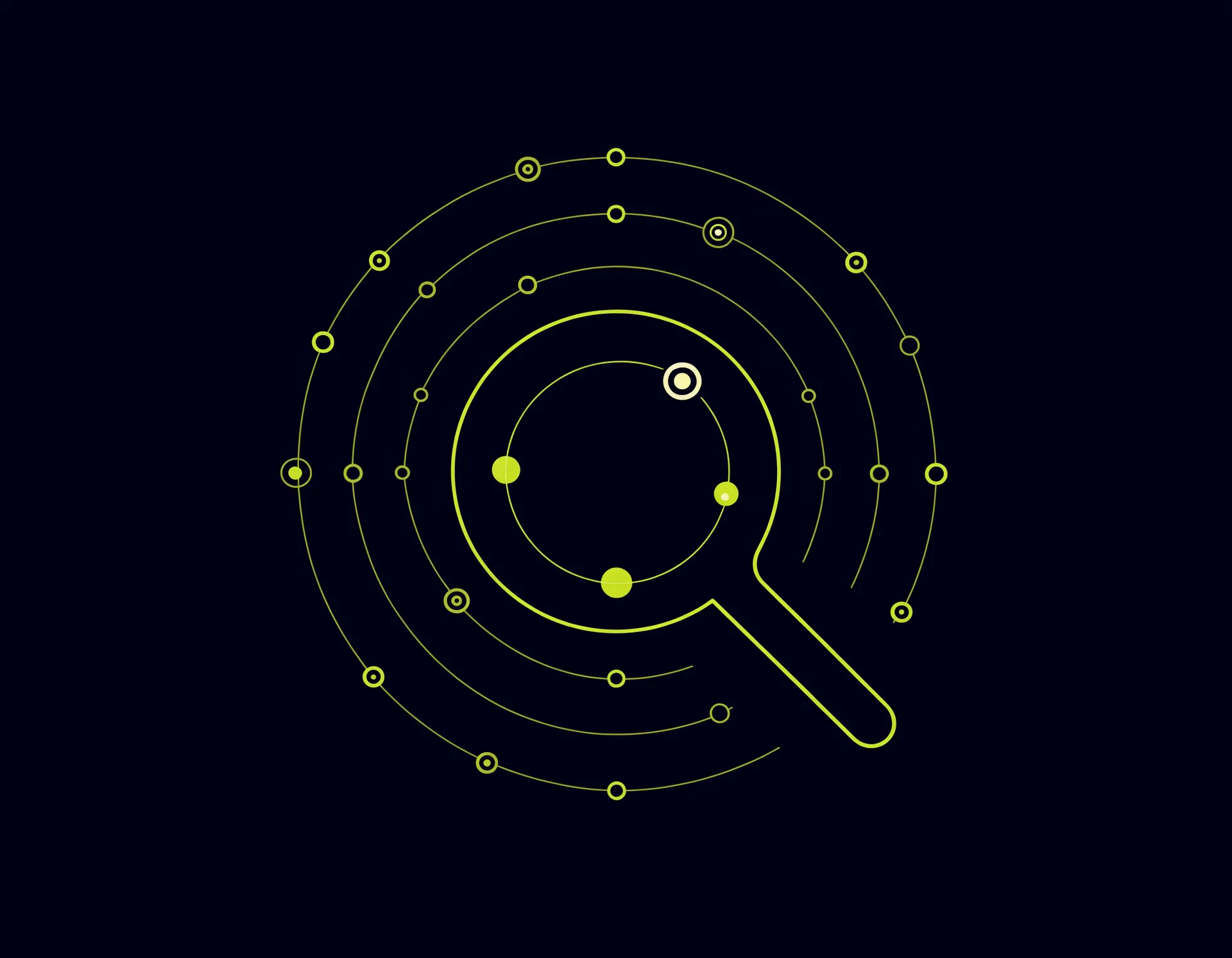 Magnifying glass over an orbit of network nodes — crawl and discovery illustration.
