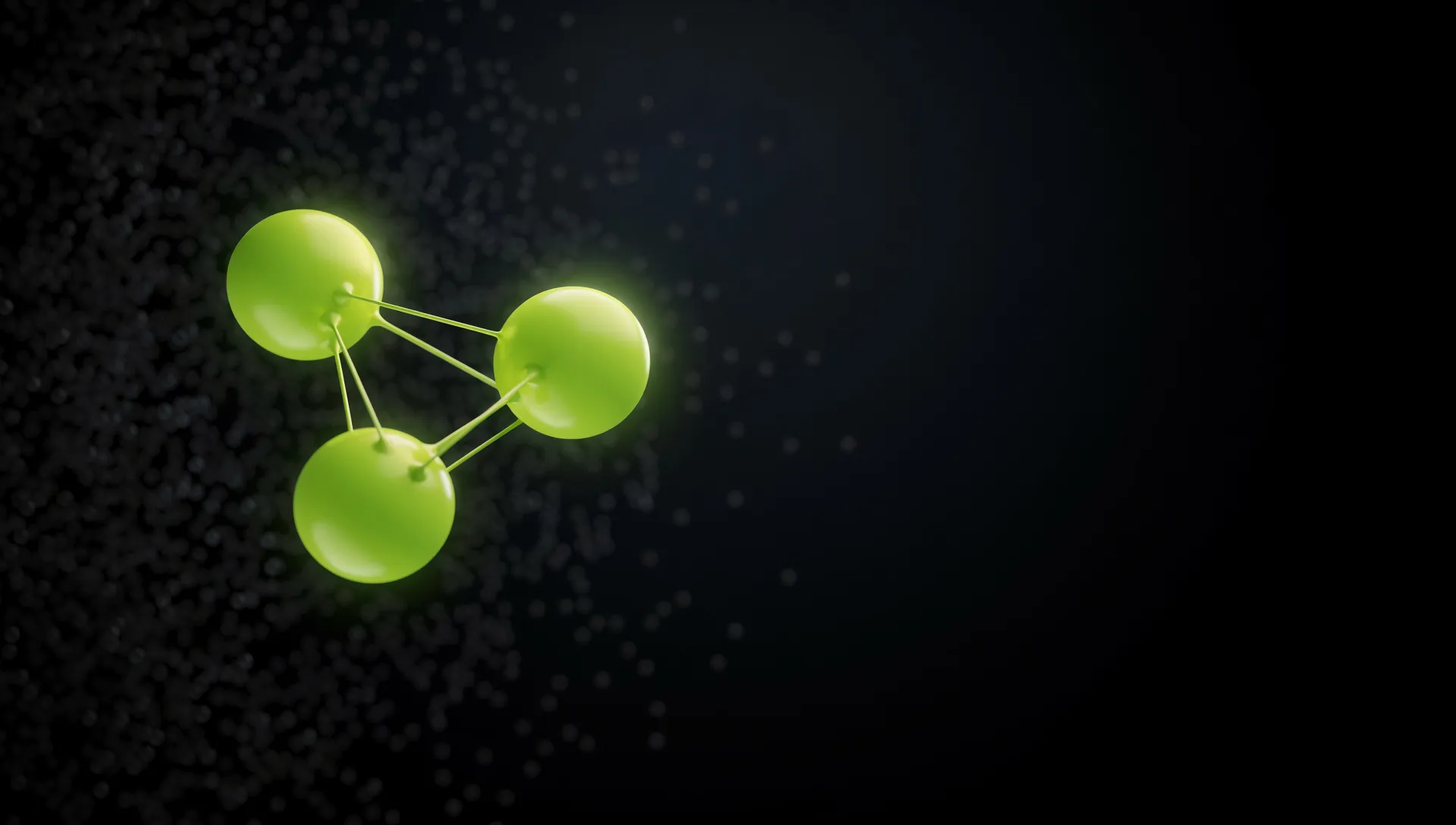 3D network graph of connected nodes — a dense cluster of dim gray nodes with pulsing electric-lime KOL nodes emerging from the noise.